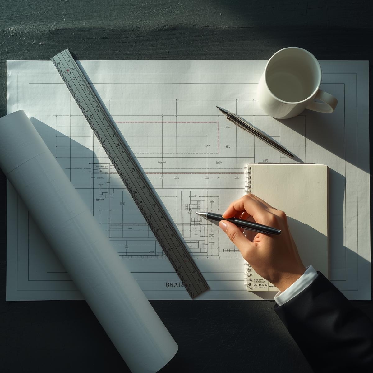 A founder-led consultation at BlueBlock, showing blueprints and tools on a desk.